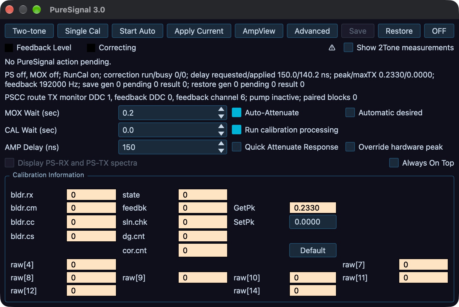 Desktop PureSignal dialog showing calibration controls with MOX and PureSignal off
