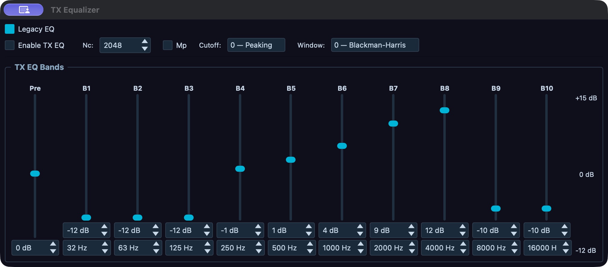 Desktop TX Equalizer showing Legacy EQ, pre-gain, band gains and center frequencies