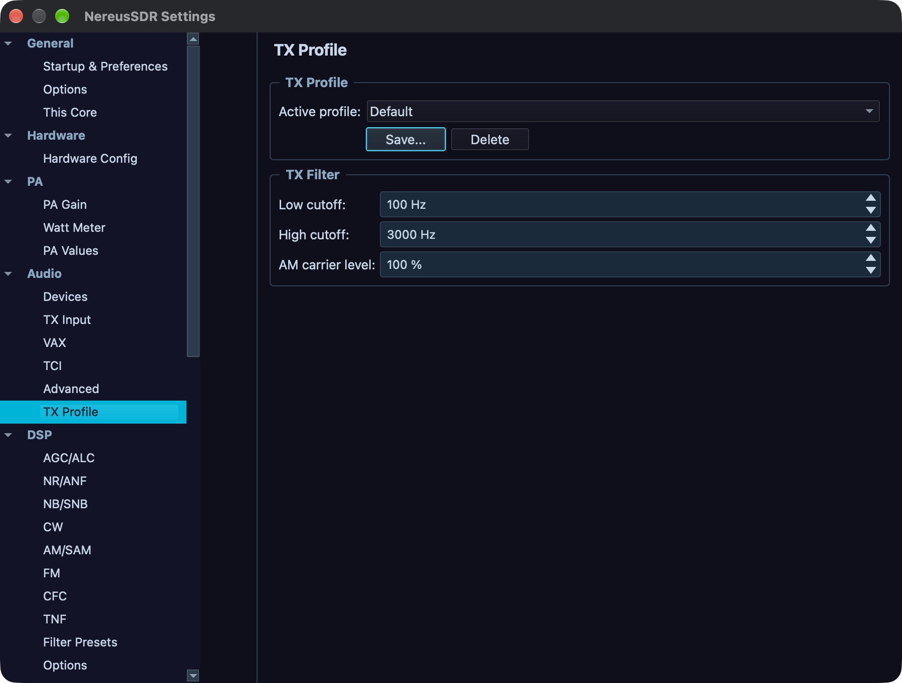 Desktop TX Profile settings with Default active and Save and Delete controls