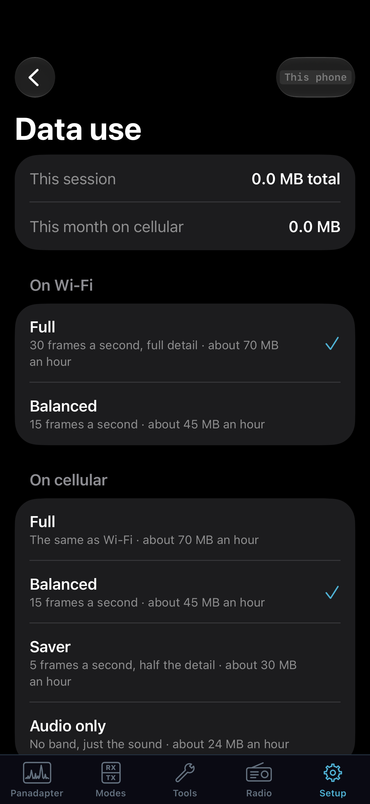Native iPhone Data use page with separate Wi-Fi and cellular modes and session totals