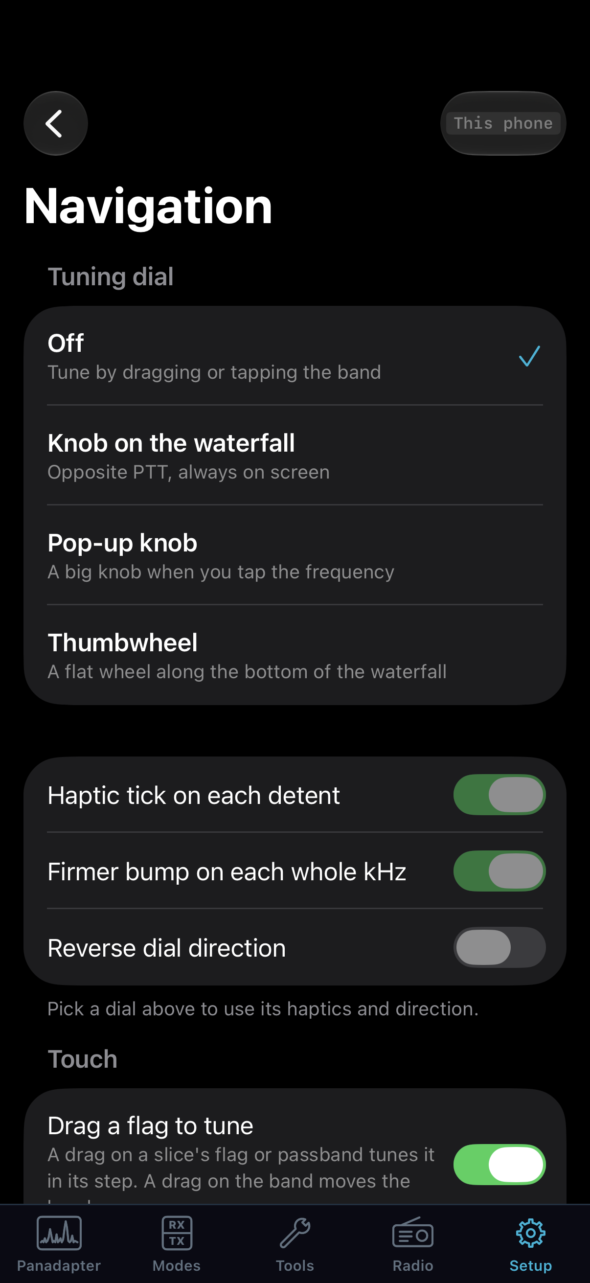 Native iPhone Navigation settings with tuning and touch behavior choices